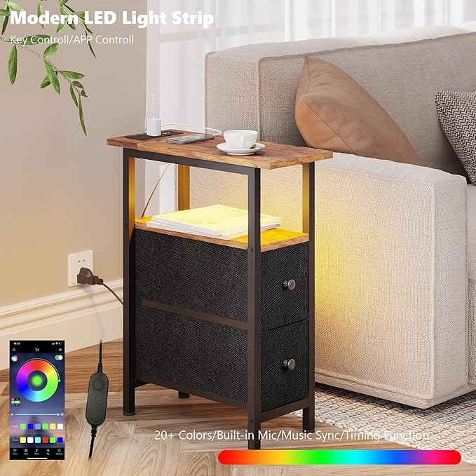 End Table Set 2 with Charging Station, Narrow Side Table with 2 Fabric Drawers, Skinny Nightstand with LED Light, Slim Bedside Table for Bedroom, Living Room, Small Spaces, Brown and Black