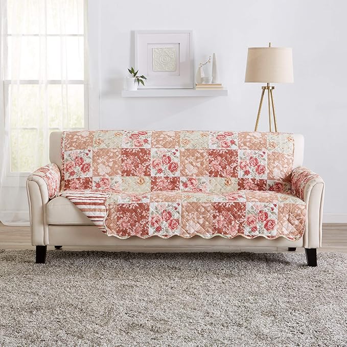Great Bay Home Reversible Floral Patchwork Furniture Protector Scalloped Edge Stain Resistant Printed Furniture Protector Maribel Collection (Sofa, Burgundy/Taupe)