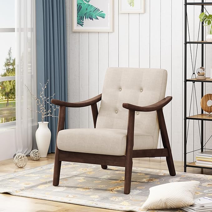 Ball & Cast Accent Chair Wide Armrest Mid-Century Lounge Living Room Chairs with Button Tufting,Wood Frame Seating Furniture for Bedroom,Apartment,Beige
