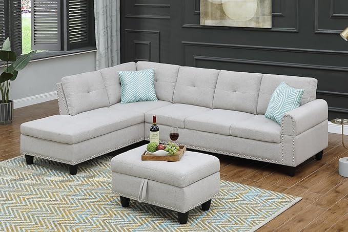 Ball & Cast 98" L Shaped Sectional Couch for Living Room with Chaise & Storage Ottoman,4 Seat Linen Upholstered Modular Sectional Sofa Set 3 PCS W/Cup Holder & Nailhead Trim,for Home,Office,Light Gray
