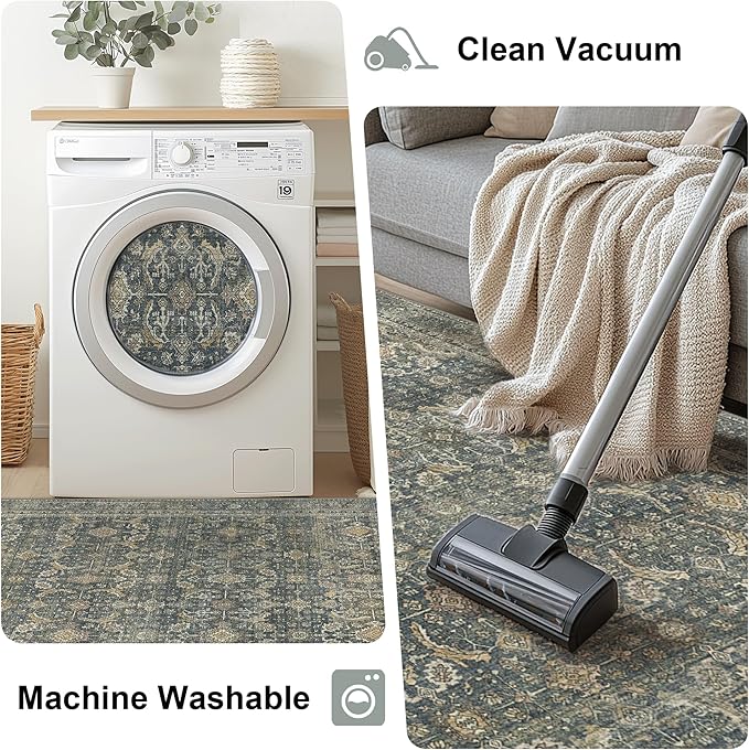 2X10 Area Rugs Machine Washable Rugs for Living Room, Vintage Boho Large Rugs for Bedroom Dining Room, Non Slip Indoor Soft Distressed Lightweight Thin Low Pile Carpet, Deep