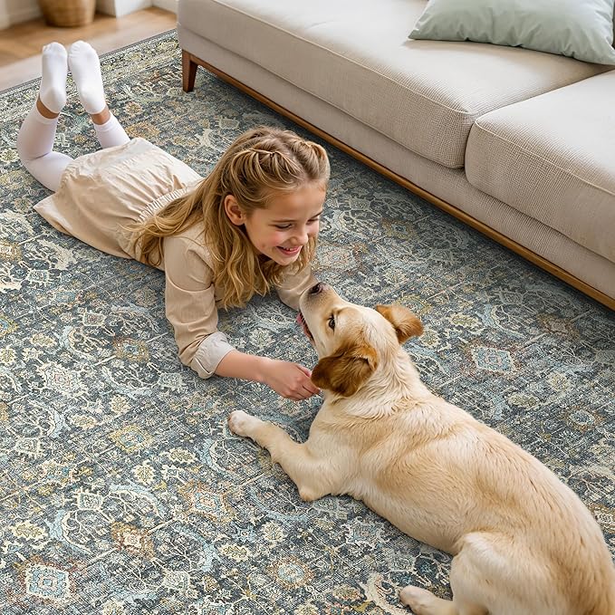 9X12 Area Rugs Machine Washable Rugs for Living Room, Vintage Boho Large Rugs for Bedroom Dining Room, Non Slip Indoor Soft Distressed Lightweight Thin Low Pile Carpet, Terracotta