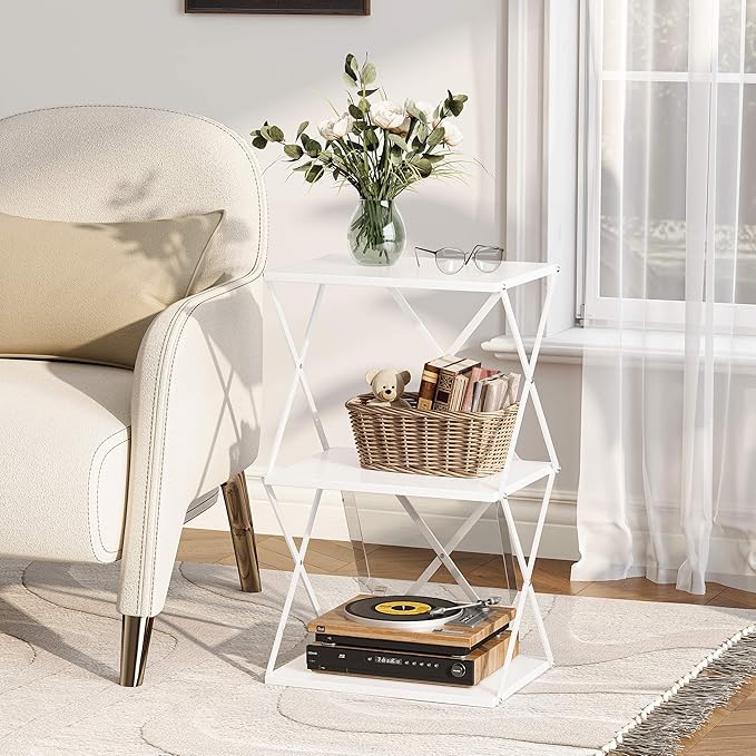 3-Tier End Table Set of 2 Small Side Table Tall Bedside Night Stand with Storage Sofa Side desks for Living Room Bedroom Office Bathroom Small Space White ET-03W-2