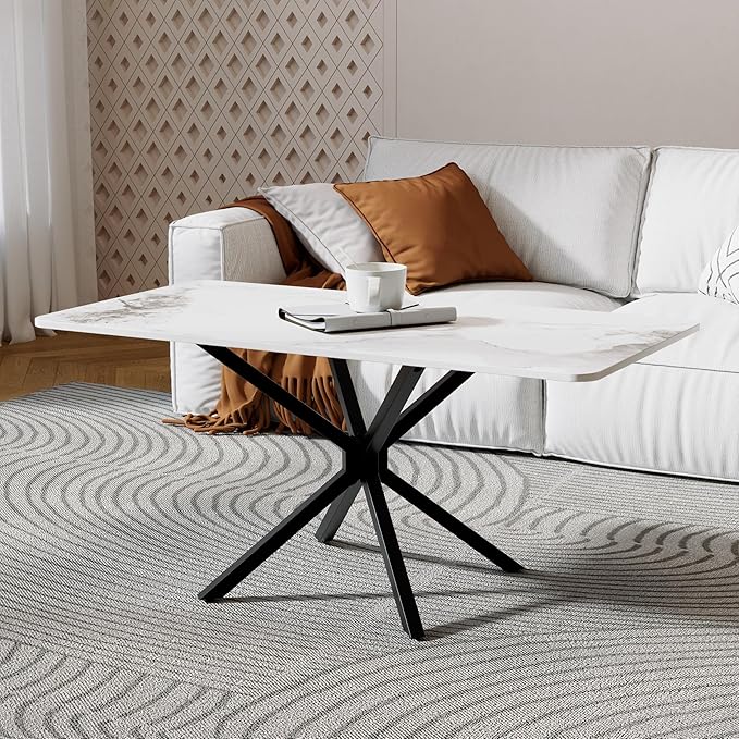Faux Marble Coffee Table, Rectangle Modern Style Sintered Stone Living Room Table with Metal Legs for Home Office Living Room (White, 40" x 20" x 18")