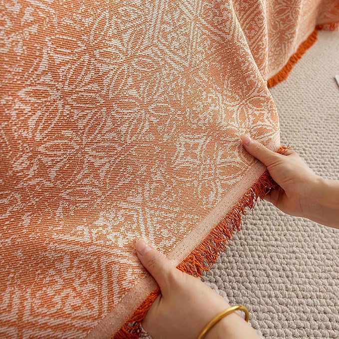 STACYPIK Boho Large Sofa Cover for Pets, Orange Geometric Couch Cover for 2 Cushion Sofa, Washable Dogs Protector for Living Room Anti-Slip Sectional Covers for Loveseat Tassel Throw Blanket-71X118IN