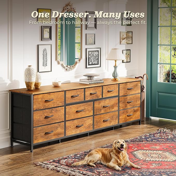Huuger 70 Inch Dresser for Bedroom, TV Stand for 65, 75, 80 Inch TV, 13 Fabric Drawer Long Dresser, Large Entertainment Center for Bedroom, Wide Chest of Drawer with Storage, Retro Brown