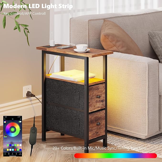 End Table Set 2 with Charging Station, Narrow Side Table with 2 Fabric Drawers, Skinny Nightstand with LED Light, Slim Bedside Table for Bedroom, Living Room, Small Spaces, Rustic Brown