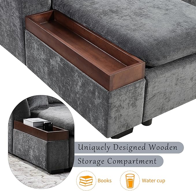 Merax 93.7" L-Shaped Sectional Sofa with Wooden Storage Compartment, Chenille Upholstered Deep Seating Sleeper Couch & Chaise Lounge and Throw Pillows for Living Room, Gray
