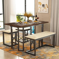 VECELO 43.3" Dining Table Sets, Farmhouse Small Kitchen Table for 4 with 3 Benches Wicker Mats,Metal Frame Space-Saving Adjustable Feets Coffee Table for Home Kitchen Dining, Dark Brown