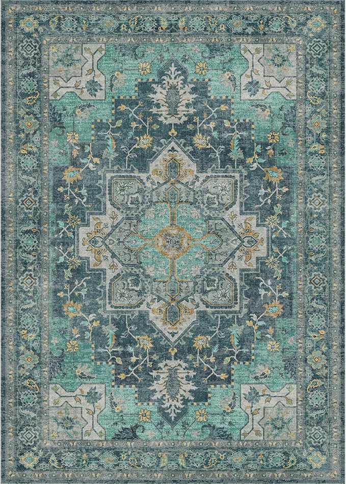 GENIMO 7'6''x9'6'' Area Rugs for Living Room, Machine Washable Non Slip Vintage Rugs, Low Pile Lightweight Chenille Print Rug for Bedroom, Dining Room, Home Office, Dark Green