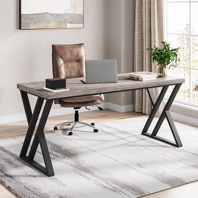 Tribesigns Writing Computer Desk, 55 inch Heavy Duty Study Desk with Z-Shaped Metal Leg, Modern Simple Home Office Computer Desk, Grey