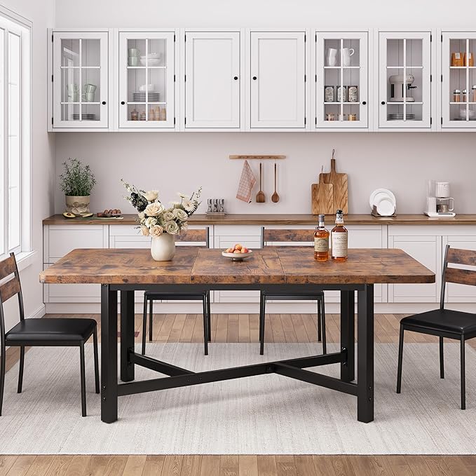 Dining Table for 4-6, 62“Extendable Kitchen Dining Room Table, Space Saving Rectangle Large Expandable Wood Dinner Furniture for Small Space, Brwon