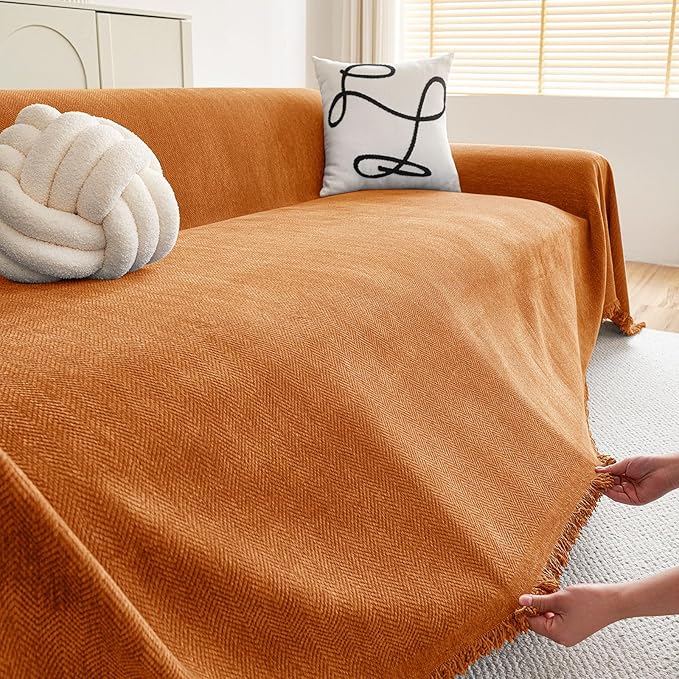 hyha Couch Cover for Dogs, Boho Sofa Covers for 3 Cushion Couch Washable, Chenille Sofa Slipcover for Pets, Soft Loveseat Sectional Couch Throw Blankets with Tassels (Orange, 88.5x150 Inch)