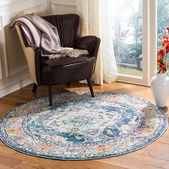SAFAVIEH Monaco Collection Area Rug - 12' Round, Navy & Light Blue, Boho Chic Medallion Distressed Design, Non-Shedding & Easy Care, Ideal for High Traffic Areas in Living Room, Bedroom (MNC243N)