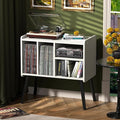 Record Player Table, Mid-Century Record Player Stand with Vinyl Storage Hold Up to 150+ Albums, Vinyl Record Cabinet with Adjustable Shelves, Wood Turntable Stand for Music Living Room (White)