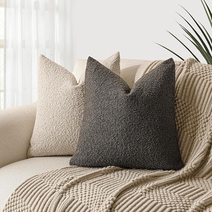 Foindtower Pack of 2 Textured Boucle Throw Pillow Covers Accent Solid Decorative Pillow Cases Cozy Woven Couch Cushion Case for Sofa Bedroom Living Room Home Decor, 18 x 18 Inch,Dark Brown