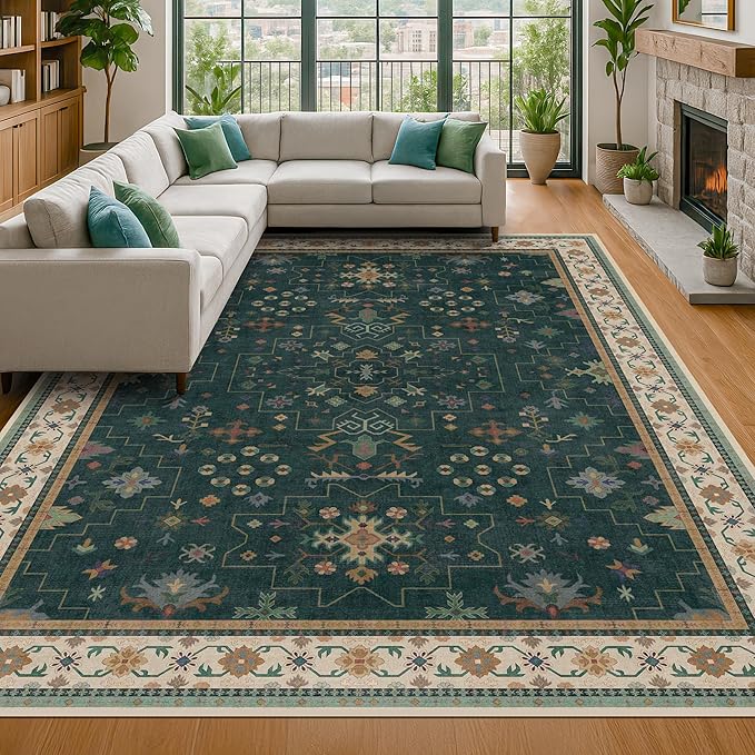 Dark Green Vintage Living Room Rug 9x12 - Boho Unique Floral Victorian Decor, Washable Low Pile Non-Slip Extra Large Area Rugs for Dining Under Table Bedroom
