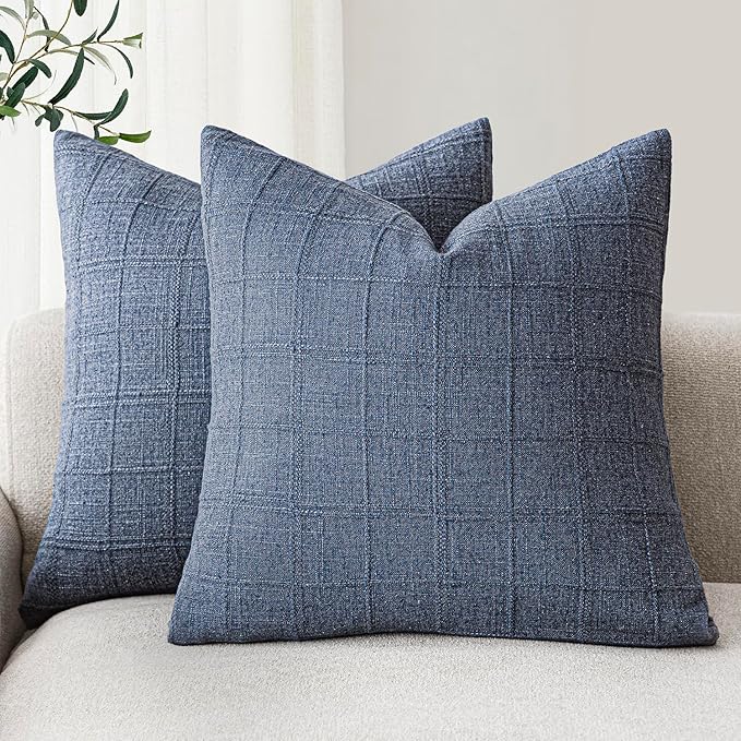 Foindtower Set of 2 Decorative Linen Check Throw Pillow Covers Neutral Farmhouse Vintage Cushion Covers Modern Coastal Boho Home Decor for Sofa Chair Couch Bedroom Living Room Outdoor,22×22 Inch,Blue