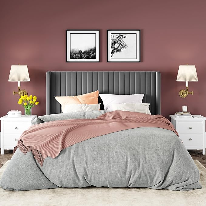 Allewie Full Size Velvet Bed Frame/Vertical Channel Tufted Wingback Headboard/Upholstered Platform Bed/Strong Wooden Slats/No Box Spring Needed/Easy Assembly/Grey