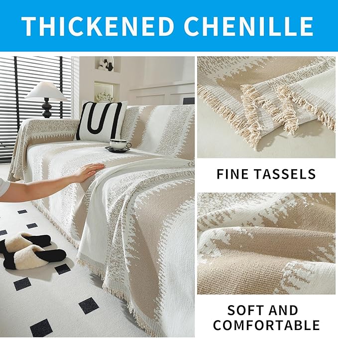 LUFEIJIASHI Boho Couch Covers for Sofa Non Slip Sofa Covers Washable Couch Covers for 3 Cushion Couch Sofa Pet Friendly Sectional Couch Cover Blanket Furniture Protector for Dogs (Khaki, 71"x134")