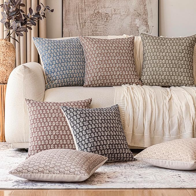 Foindtower Set of 2 Decorative Vintage Floral Print Throw Pillow Covers Neutral Modern Farmhouse Cushion Covers Boho Home Decor for Sofa Couch Chair Bedroom Living Room Outdoor,20×20 Inch,Dusty Blue