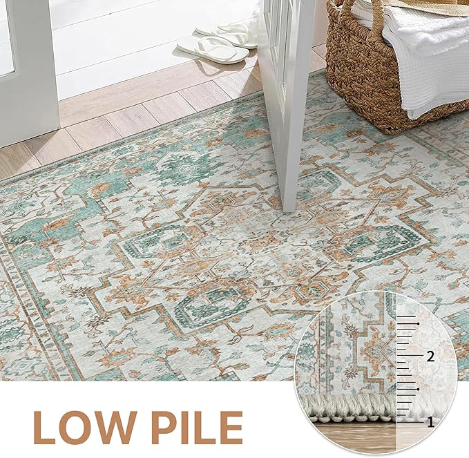 GENIMO 7'6''x9'6'' Area Rugs for Living Room, Machine Washable Non Slip Vintage Rugs, Low Pile Lightweight Chenille Print Rug for Bedroom, Dining Room, Home Office, Cyan