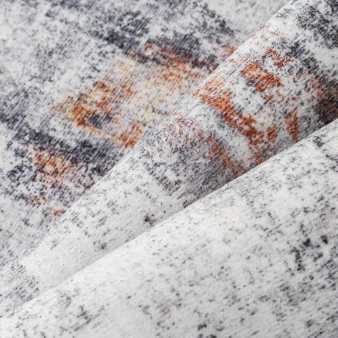 9x12 Washable Area Rug Grey Rust Modern Neutral Abstract Living Room Bedroom Indoor Floor Carpet Low Pile Soft Non-Slip Lightweight Vacuumable Large Throw Rug for Kitchen Dining Room