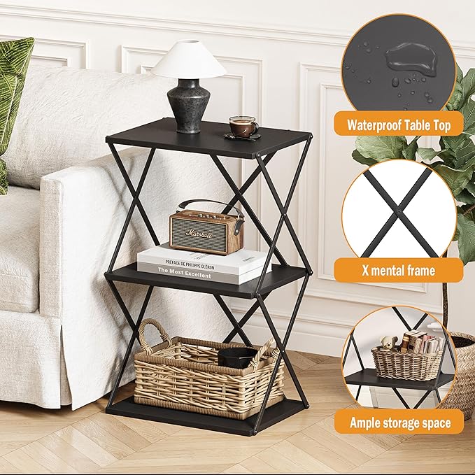 3-Tier End Table Set of 2 Small Side Table Tall Bedside Night Stand with Storage Sofa Side desks for Living Room Bedroom Office Bathroom Small Space, Black ET-03BK-2