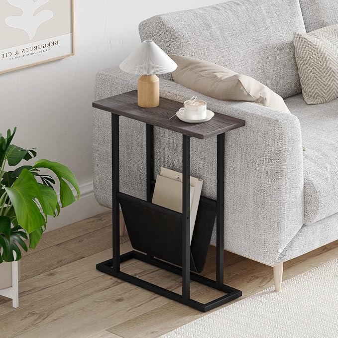 Yusong Small Narrow Side Table for Small Spaces, 17.7" W Slim End Table Magazine Table Nightstand with Storage Holder, Accent Skinny Snack Couch Bedside Table, Grey, Complete Iron Pipes