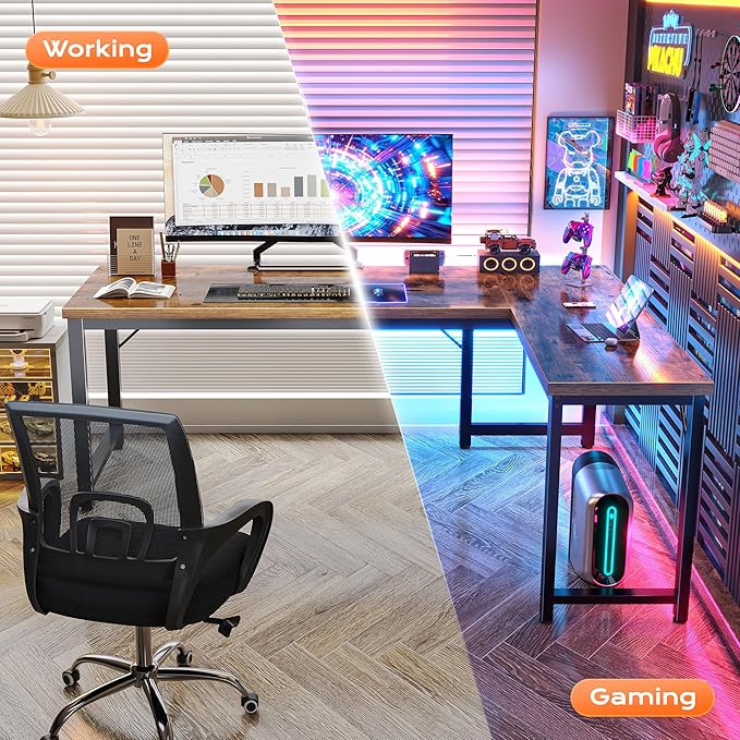 Huuger 63 Inch L Shaped Desk with 0.95 Inch Thicker Desktop, Reversible Computer Desk, Larger Corner Office Gaming Desk, Robust Metal Frame, for Home Office, Rustic Brown