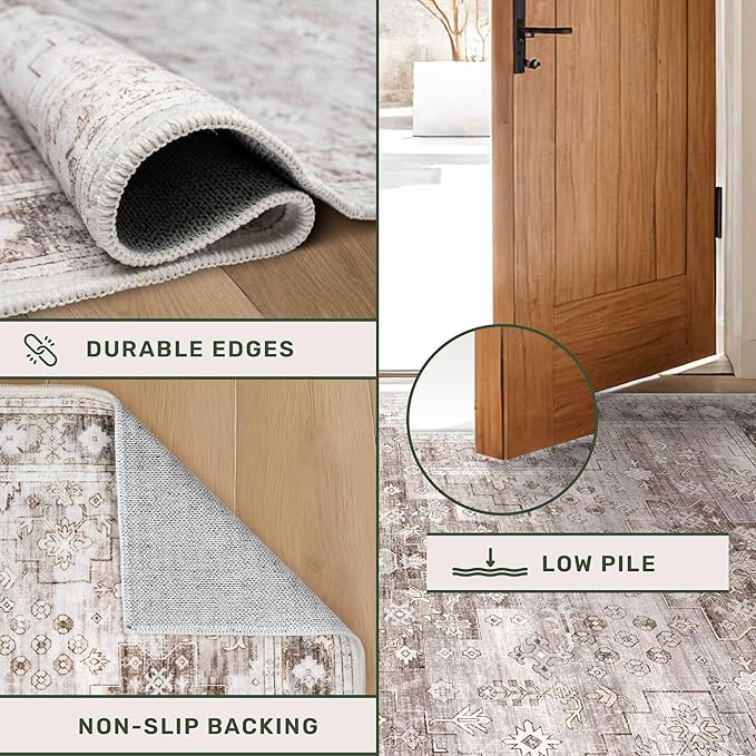 Washable Neutral Farmhouse Large Entryway Rug, 3x6 Area Rugs for Kitchen, Bedroom Beside Bed, Nursery Room, Boho Vintage Floral Non-Slip Throw Rug Low Pile Stain Resistant (3x6 Beige/Latte)