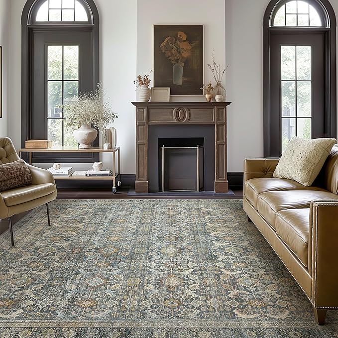 3X5 Area Rugs Machine Washable Rugs for Living Room, Vintage Boho Large Rugs for Bedroom Dining Room, Non Slip Indoor Soft Distressed Lightweight Thin Low Pile Carpet, Terracotta