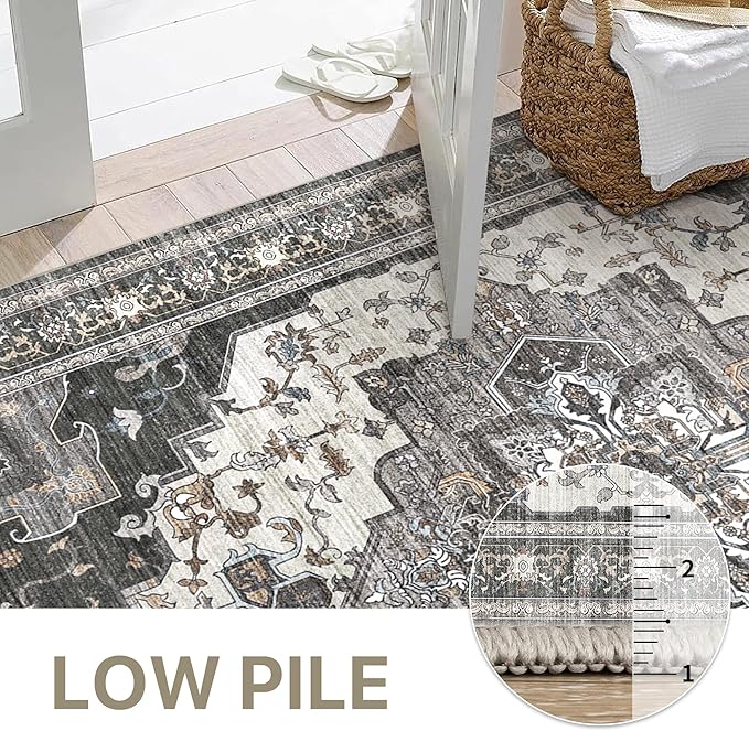 GENIMO 3X7 Hallway Runner Rug, Machine Washable Non Slip Vintage Floral Patchwork Runners, Thin Low Pile Chenille Carpet Runners for Entryway, Kitchen, Bathroom, Bedroom, Slate Gray