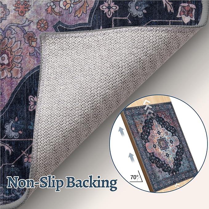 Tangsoo 8x10 Area Rug for Living Room, Washable Vintage Rug Indoor Non Slip Large Area Rugs, Print Distressed Navy/Multi Carpet, Soft Low Pile Rug Foldable for Bedroom Dining Room Dorm