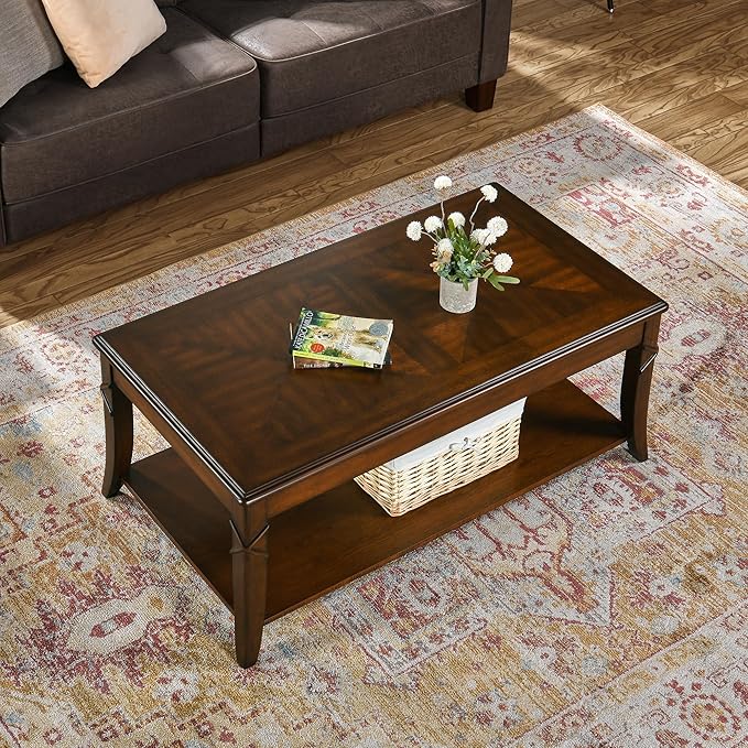 Solid Wood Coffee Table with Storage Shelf, Rectangle Coffee Table for Living Room, Mid-Century Living Room Table with Curved Legs, Large Countertop Cocktail Center Table, Cherry Walnut KFZ-DR200