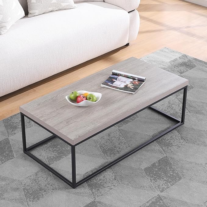 CENSI 47-Inch Grey Wash Accent Coffee Table/Center Table for Living Room, Rectangle Modern Industrial Style,Wood and Metal, Max.Loading 220 lbs. (French Oak)