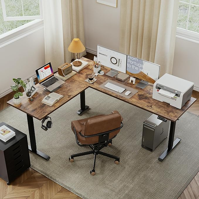 Agilestic L-Shaped Standing Desk Adjustable Height, Electric Corner Standing Desk, Sit Stand Up Desk, 75x61 inch Sit Stand Computer Table, Rustic Brown