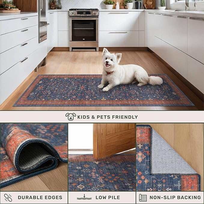Navy Blue Runner Rug 2x7 for Kitchen, Hallway, Mudroom, Laundry Room, Bathroom, Washable Non Slip Non Skid Rubber Backing Low Pile Stain Resistance
