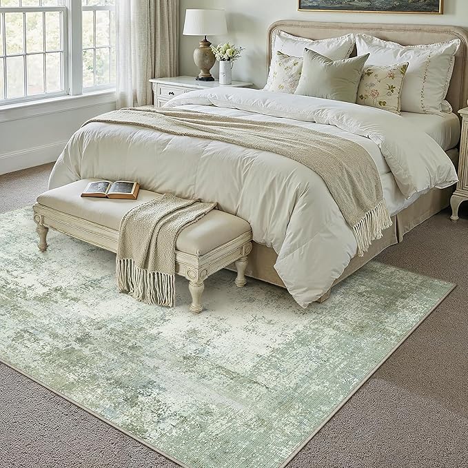 8x10 Washable Area Rug Green Modern Neutral Abstract Living Room Bedroom Indoor Floor Carpet Low Pile Soft Non-Slip Lightweight Vacuumable Large Throw Rug for Nursery Dining Room