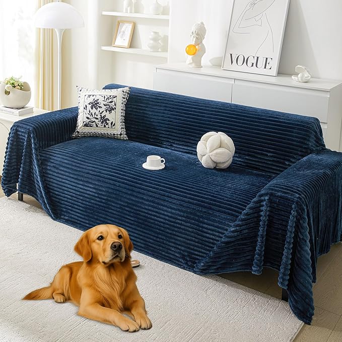 HAOMAIJIA Faux Fur Sofa Covers Couch Covers for 2 Cushion Couch Sofa Pet Friendly Soft Non Slip Couch Cover for Dogs Washable Sectional Couch Covers L Shape Furniture Protector (Navy Blue, 91"x118")