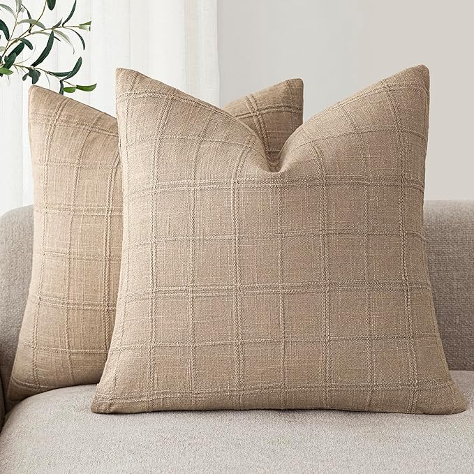 Foindtower Set of 2 Decorative Linen Check Throw Pillow Covers Neutral Farmhouse Vintage Cushion Covers Modern Coastal Boho Home Decor For Sofa Chair Couch Bedroom Living Room Outdoor,24×24 Inch,Camel