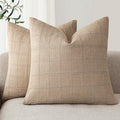 Foindtower Set of 2 Decorative Linen Check Throw Pillow Covers Neutral Farmhouse Vintage Cushion Covers Modern Coastal Boho Home Decor For Sofa Chair Couch Bedroom Living Room Outdoor,26×26 Inch,Camel