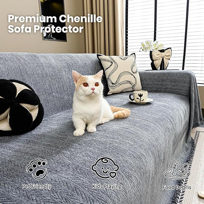 Nobildonna Sofa Chair Cover Waterproof Soft Thicken Chenille Cushion Couch Cover with Tassels,Washable Sofa Slipcovers for Armchair Recliner Sectional Furniture Protector, Dark Gray 71"x71"
