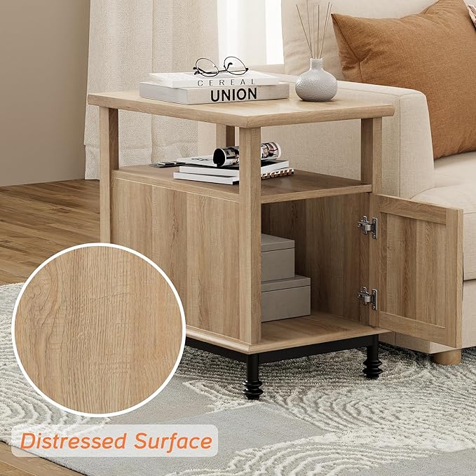 WAMPAT Oak End Table with Charging Station, Sofa Side Table with Storage Cabinet for Living Room, Light Wood Bedside Table with Metal Leg, Farmhouse Nightstand for Bedroom