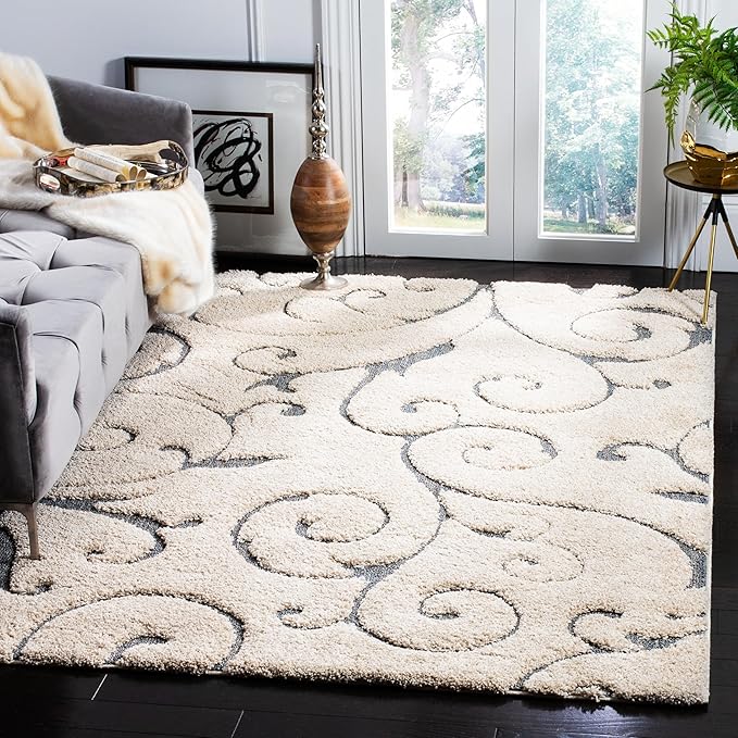 SAFAVIEH Florida Shag Collection Accent Rug - 4' x 6', Beige & Blue Grey, Scroll, Non-Shedding & Easy Care, 1.2-inch Thick Ideal for High Traffic Areas in Entryway, Living Room, Bedroom (SG455-1155)
