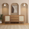 NTC MOSSIC Modern Sideboard with 4 Doors, Natural Rattan Storage Cabinet, Buffet with Metal Legs, Boho Accent Cabinet for Living Room, and Entryway, Effortless Assembly, Teak Look