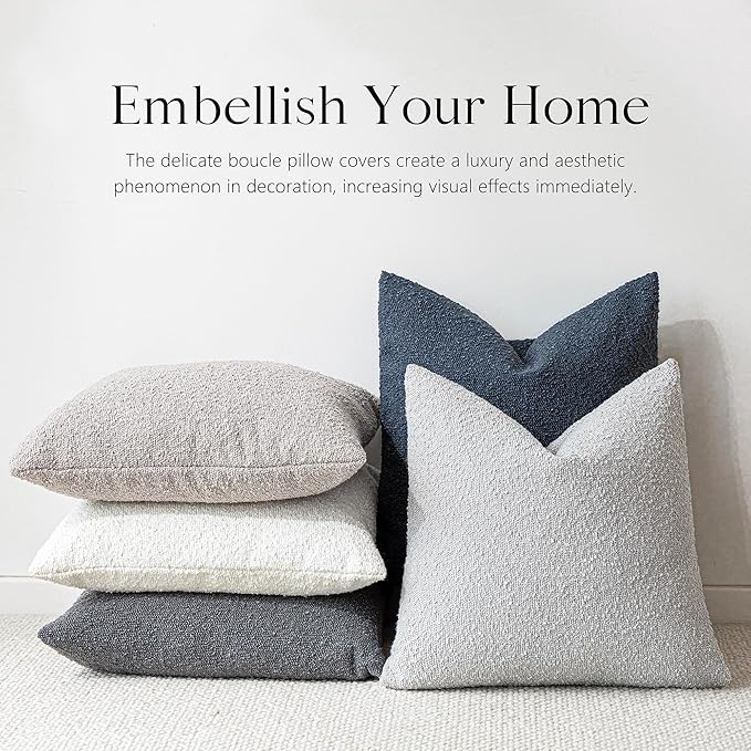 Foindtower Set of 2, Decorative Textured Boucle Throw Pillow Covers Accent Solid Pillow Cases Neutral Soft Cozy Couch Cushion Case for Chair Sofa Bedroom Living Room Home Decor 26 x 26 Inch Light Grey