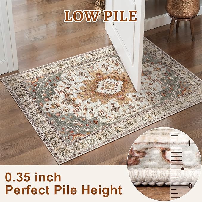 Tangsoo 2x6 Washable Runner Rug for Hallways, Non Slip Vintage Rugs, Soft Low Pile Long Rug, Print Distressed Turmeric Carpet Runners for Kitchen Bedroom Entryway Bathroom Living Room