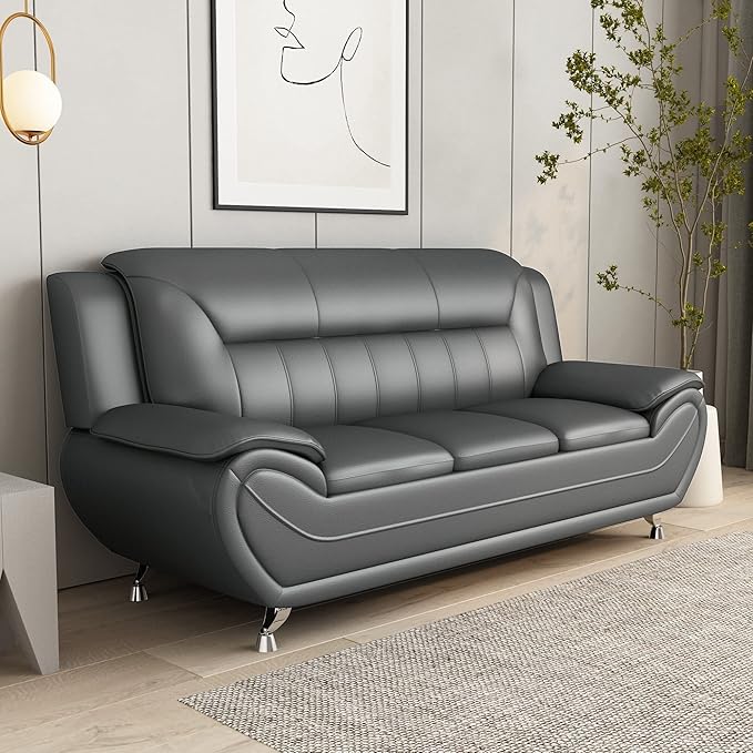 Container Furniture Direct Michael Modern Faux Leather Upholstered Stainless Steel Legs Living Room Sofa, Gray