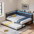 LIKIMIO Corner Twin Bed Frame with Trundle, Upholstered Storage Headboard & LED Lights, Twin Size Daybed with Charging Station, Sturdy Platform Metal Frame for Living Room, Bedroom, Guest Room, Gray